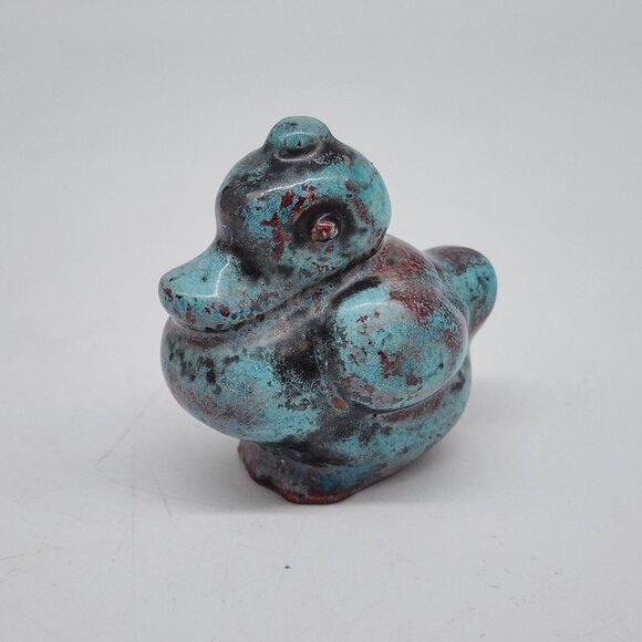 Vintage Handcrafted Ceramic Duck Figurine Turquoise & Red Distressed Finish 2.25 - Picture 1 of 10